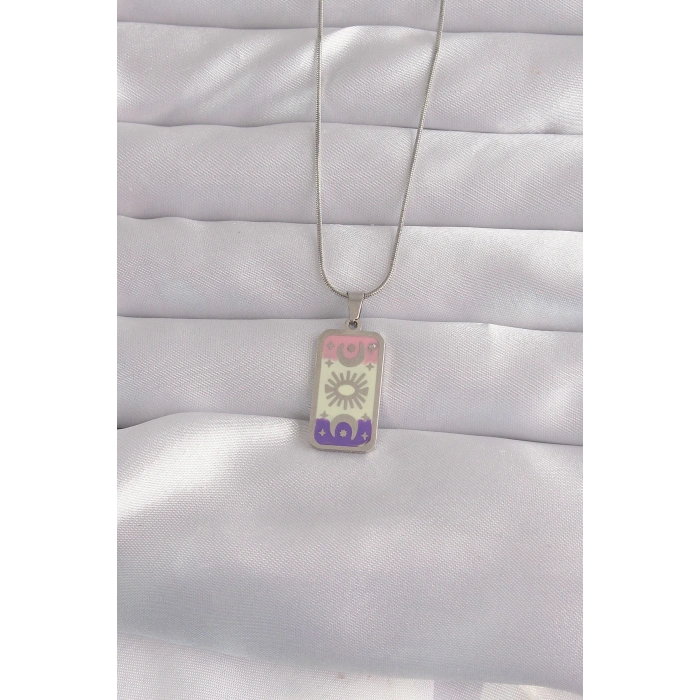 Dodes Dodes 316L Çelik Gümüş Renk Karışık Mineli Ay Figür Tarot Kolye TG27BKO9044