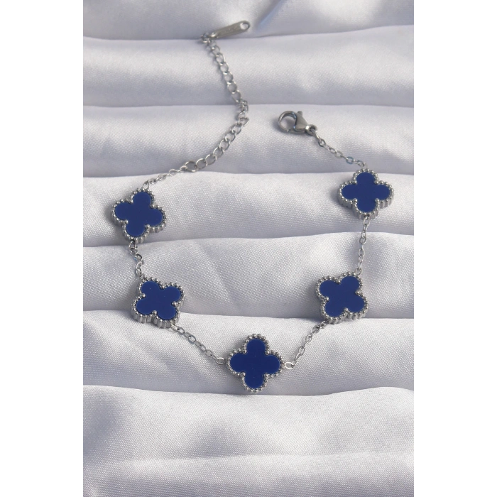 Dodes Dodes 316L Çelik Gümüş Renk Mavi Mineli Yonca Bileklik TG27BB6267