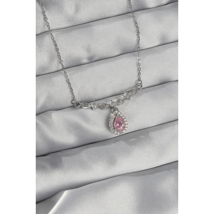 Dodes Dodes 316L Çelik Gümüş Renk Pembe Zirkon Taşlı Damla Kolye TG27BKO8919