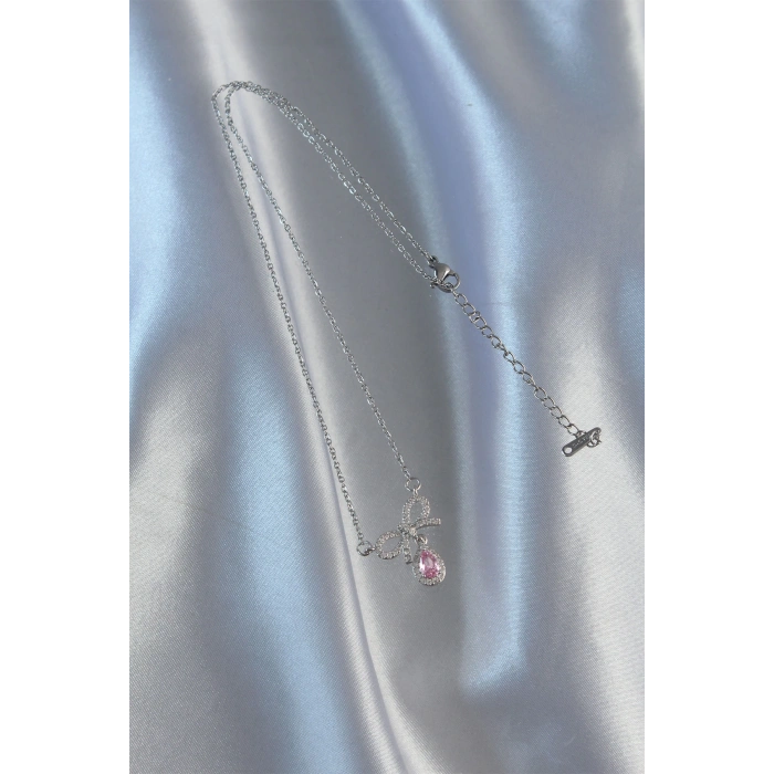 Dodes Dodes 316L Çelik Gümüş Renk Pembe Zirkon Taşlı Damla Kolye TG27BKO8919