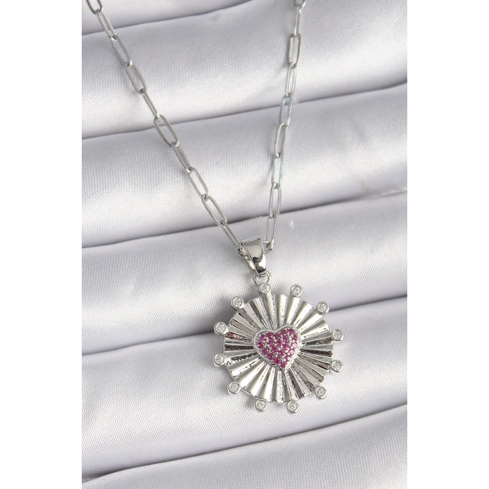 Dodes Dodes 316L Çelik Gümüş Renk Pembe Zirkon Taşlı Kalp İşleme Madalyon Model Kadın Kolye TG27BKO9533