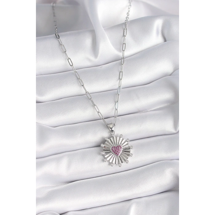 Dodes Dodes 316L Çelik Gümüş Renk Pembe Zirkon Taşlı Kalp İşleme Madalyon Model Kadın Kolye TG27BKO9533