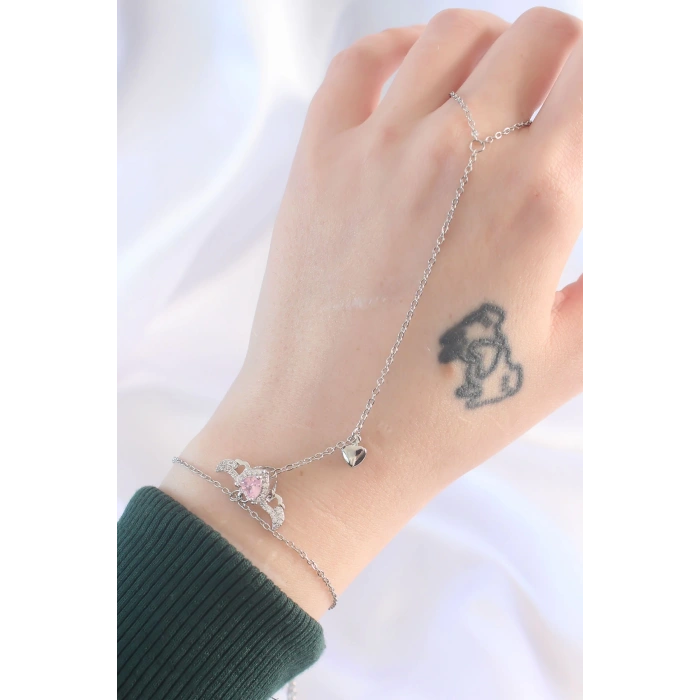 Dodes Dodes 316L Çelik Gümüş Renk Pembe Zirkon Taşlı Kanatlı Kalp Model Şahmeran TG27SN584