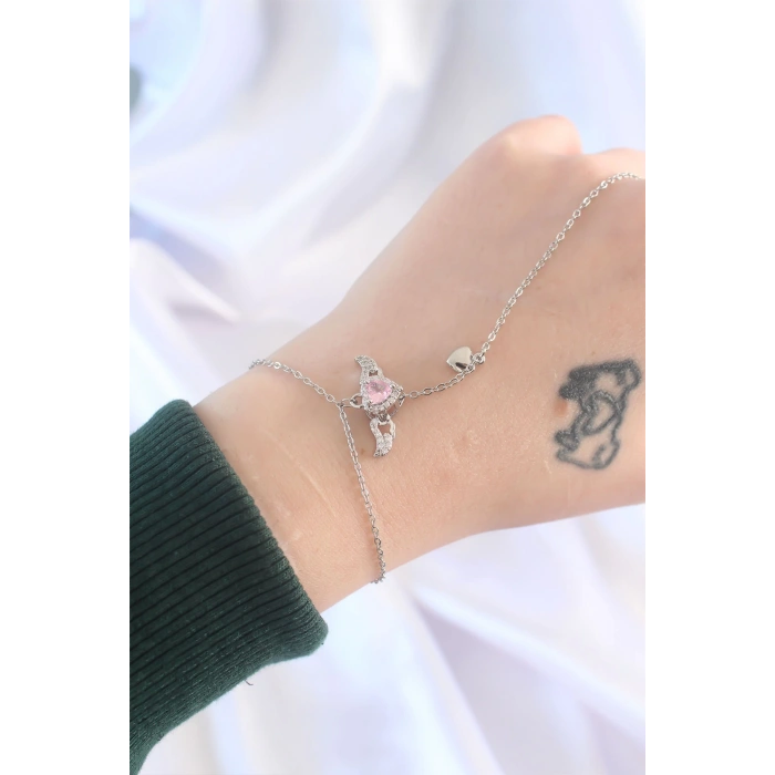 Dodes Dodes 316L Çelik Gümüş Renk Pembe Zirkon Taşlı Kanatlı Kalp Model Şahmeran TG27SN584