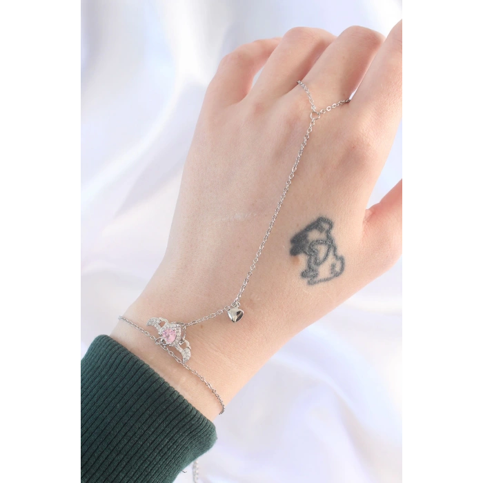 Dodes Dodes 316L Çelik Gümüş Renk Pembe Zirkon Taşlı Kanatlı Kalp Model Şahmeran TG27SN584