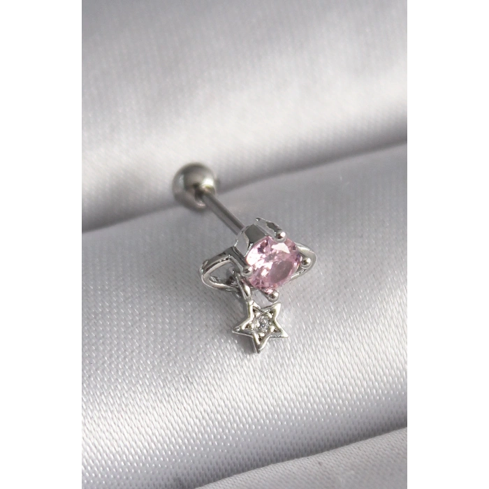 Dodes Dodes 316L Çelik Gümüş Renk Pembe Zirkon Taşlı Sallantı Yıldız Detay Tragus Piercing TG27PR1237