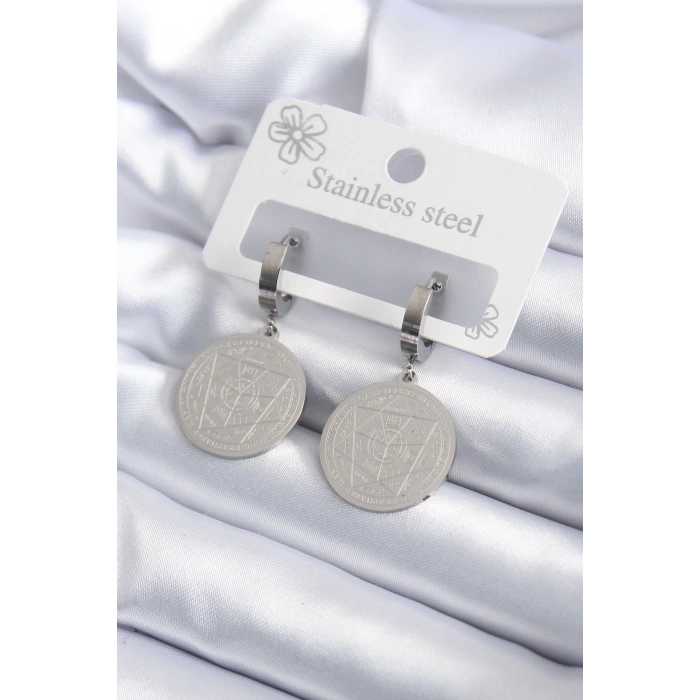 Dodes Dodes 316L Çelik Gümüş Renk Pentagram İşleme Model Kadın Küpe TG27BKP7924