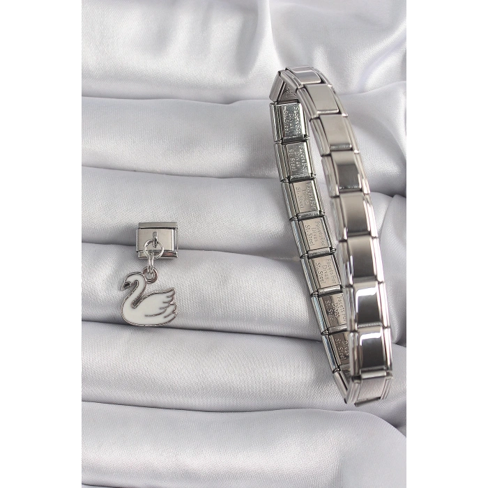 Dodes Dodes 316L Çelik Gümüş Renk Sallantı Beyaz Kuğu Model Nomination Charm TG27BC1160