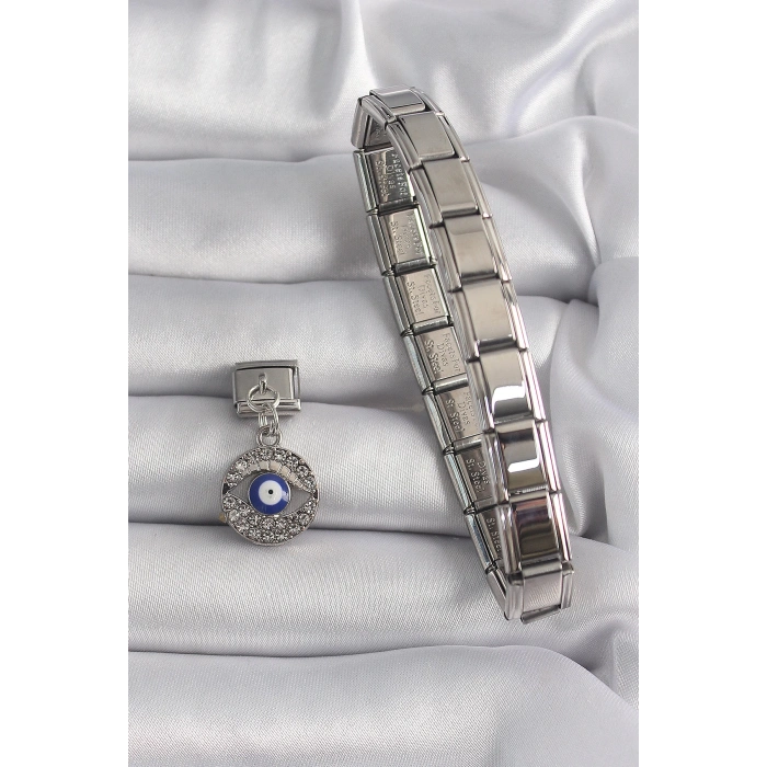 Dodes Dodes 316L Çelik Gümüş Renk Sallantı Zirkon Taşlı Göz Model Nazar Boncuk Detay Nomination Charm TG27BC1121