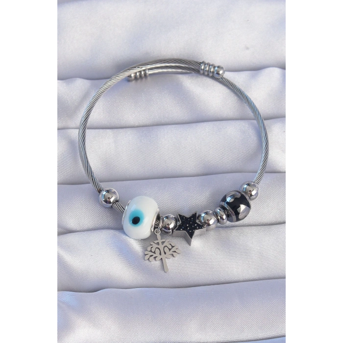 Dodes Dodes 316L Çelik Gümüş Renk Siyah Zirkon Taşlı Yıldız Tasarımlı Ağaç Detay Nazarlı Charm Bileklik TG27BB6198