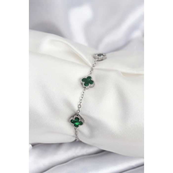 Dodes Dodes 316L Çelik Gümüş Renk Yeşil Baby Boy Yonca Kadın Bileklik TG27BB7945