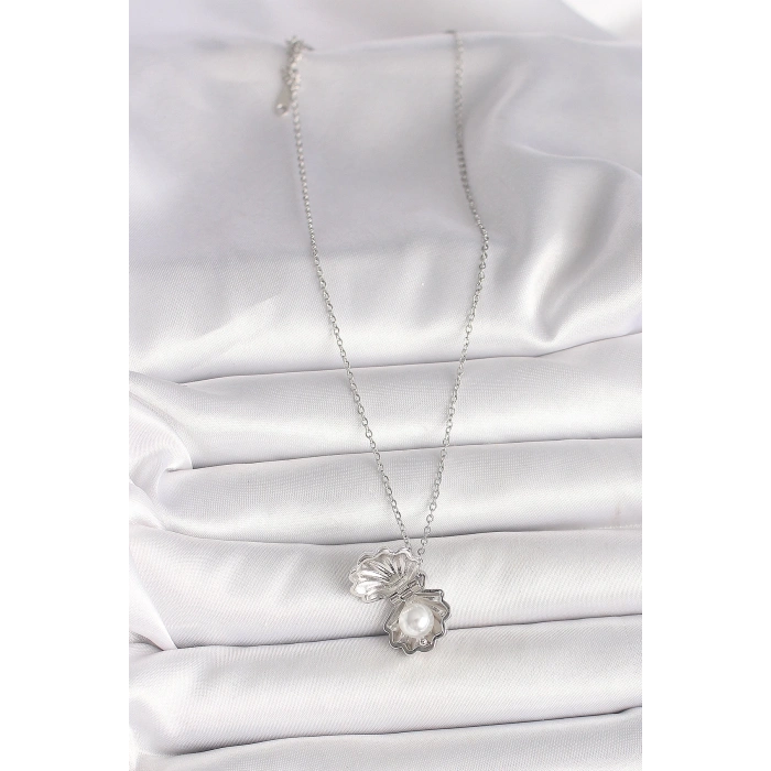 Dodes Dodes 316L Çelik Gümüş Renk Zincir Açılır İncili Midye Model Kadın Kolye TG27BKO9995