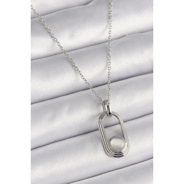 Dodes Dodes 316L Çelik Gümüş Renk Zincir Beyaz Kedi Göz Model Kadın Kolye TG27BKO9612