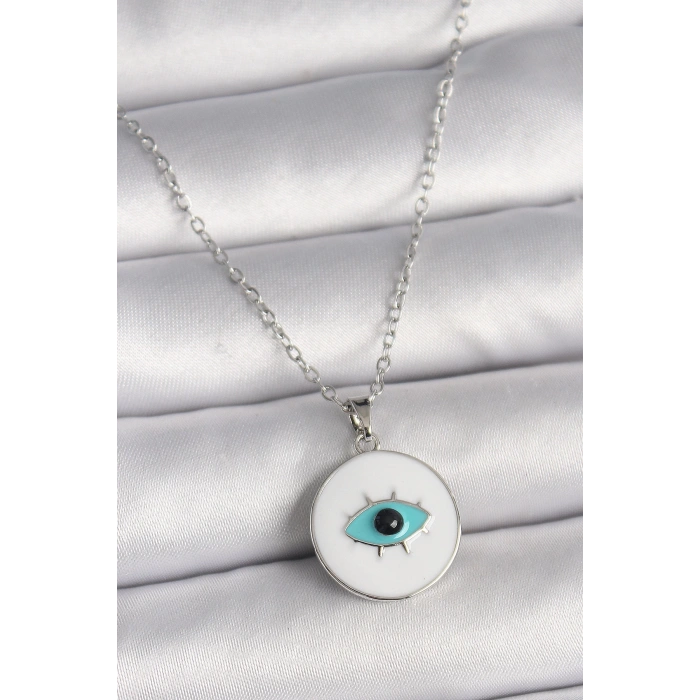 Dodes Dodes 316L Çelik Gümüş Renk Zincir Beyaz Mineli Turkuaz Göz İşleme Model Kadın Kolye TG27BKO9729
