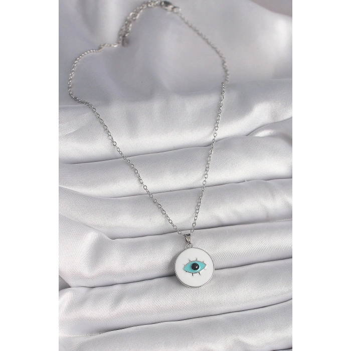 Dodes Dodes 316L Çelik Gümüş Renk Zincir Beyaz Mineli Turkuaz Göz İşleme Model Kadın Kolye TG27BKO9729