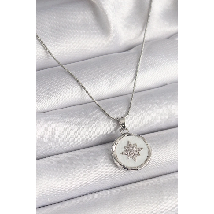 Dodes Dodes 316L Çelik Gümüş Renk Zincir Beyaz Sedefli Zirkon Taşlı Yıldız İşleme Model Kadın Kolye TG27BKO9635