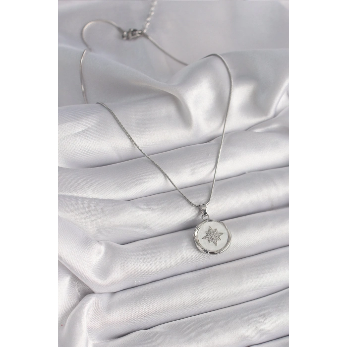 Dodes Dodes 316L Çelik Gümüş Renk Zincir Beyaz Sedefli Zirkon Taşlı Yıldız İşleme Model Kadın Kolye TG27BKO9635