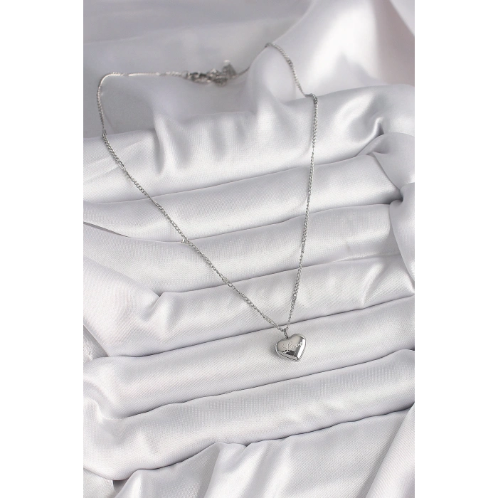 Dodes Dodes 316L Çelik Gümüş Renk Zincir Love İşleme Kalp Figür Kadın Kolye TG27BKO9779