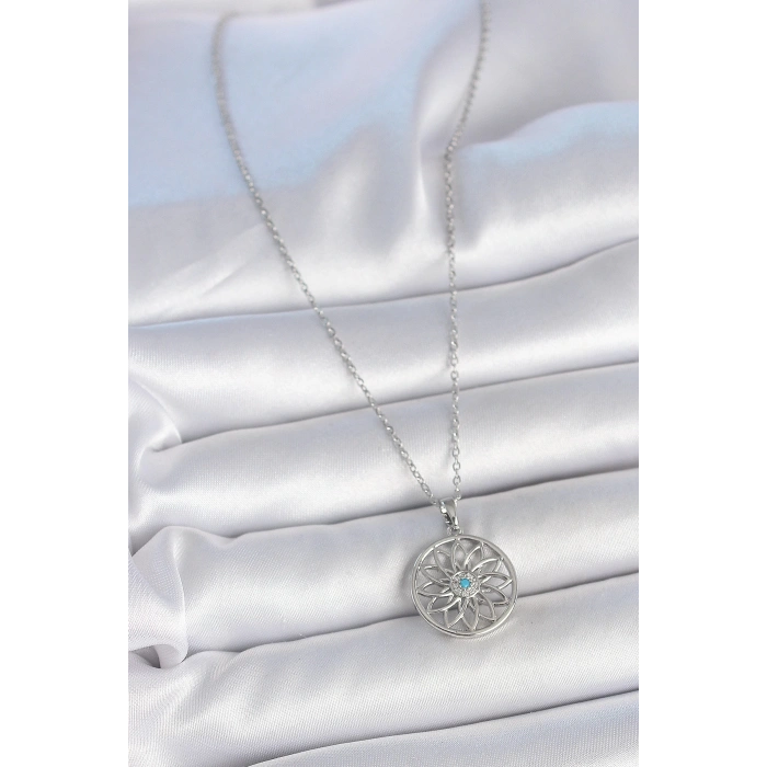 Dodes Dodes 316L Çelik Gümüş Renk Zincir Mavi Taşlı Lotus Model Kadın Kolye TG27BKO10060