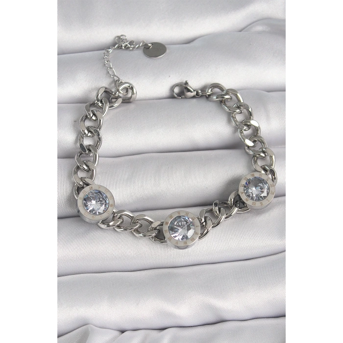 Dodes Dodes 316L Çelik Gümüş Renk Zincir Model Zirkon Taşlı İşleme Detaylı Kadın Bileklik TG27BB6651