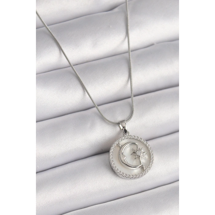Dodes Dodes 316L Çelik Gümüş Renk Zincir Zirkon Taş Detaylı Beyaz Sedefli Ay Yıldız İşleme Kadın Kolye TG27BKO9639
