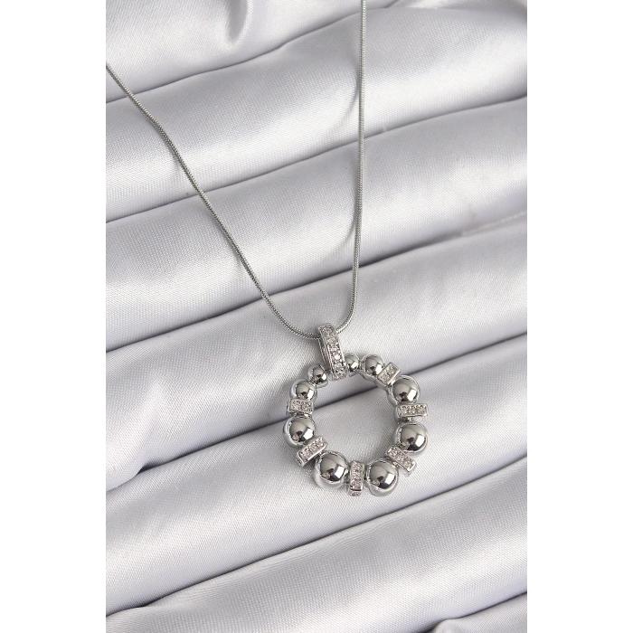 Dodes Dodes 316L Çelik Gümüş Renk Zincir Zirkon Taş Detaylı Bombeli Halka Model Kadın Kolye TG27BKO9604