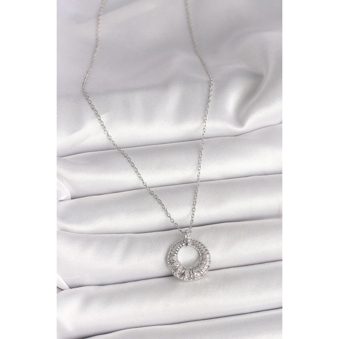 Dodes Dodes 316L Çelik Gümüş Renk Zincir Zirkon Taş İşlemeli Daire Model Kadın Kolye TG27BKO9969