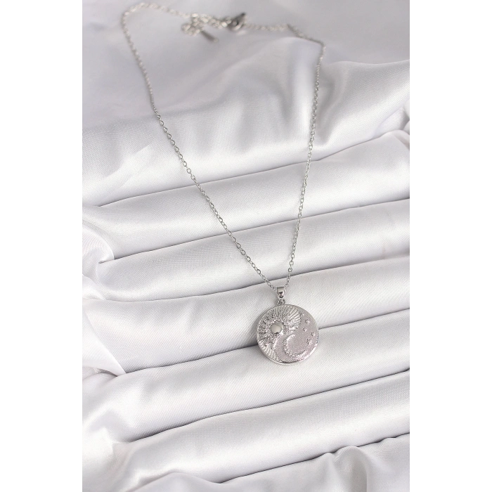 Dodes Dodes 316L Çelik Gümüş Renk Zincir Zirkon Taşlı Ay Güneş İşlemeli Madalyon Model Kadın Kolye TG27BKO9959