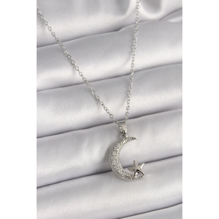 Dodes Dodes 316L Çelik Gümüş Renk Zincir Zirkon Taşlı Hilal Model Yıldız Detay Kadın Kolye TG27BKO9655