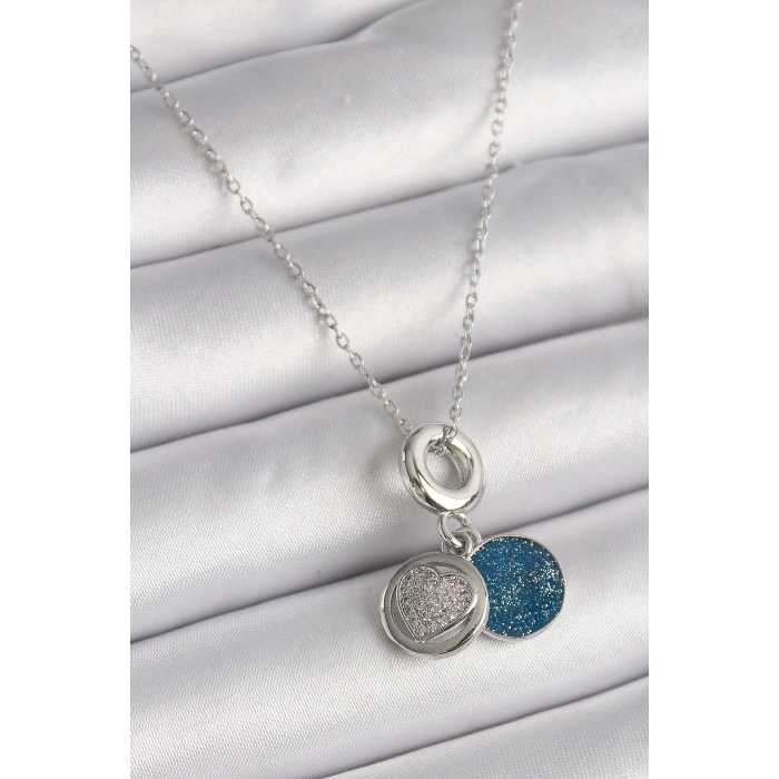 Dodes Dodes 316L Çelik Gümüş Renk Zincir Zirkon Taşlı İşleme Mavi Simli Kadın Kolye TG27BKO9641