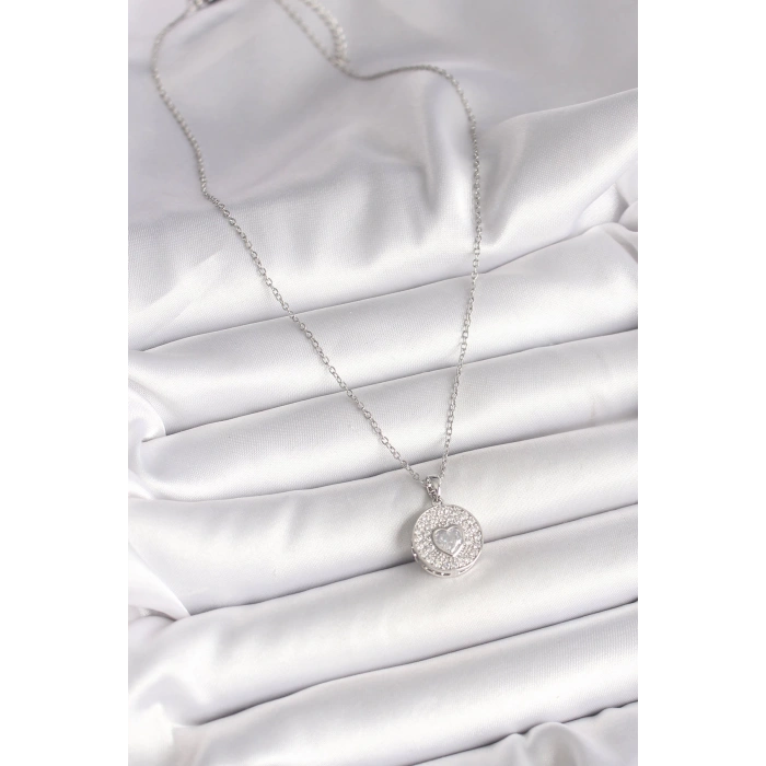 Dodes Dodes 316L Çelik Gümüş Renk Zincir Zirkon Taşlı Kalp İşlemeli Madalyon Model Kadın Kolye TG27BKO9947