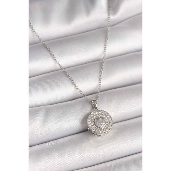 Dodes Dodes 316L Çelik Gümüş Renk Zincir Zirkon Taşlı Kalp İşlemeli Madalyon Model Kadın Kolye TG27BKO9947