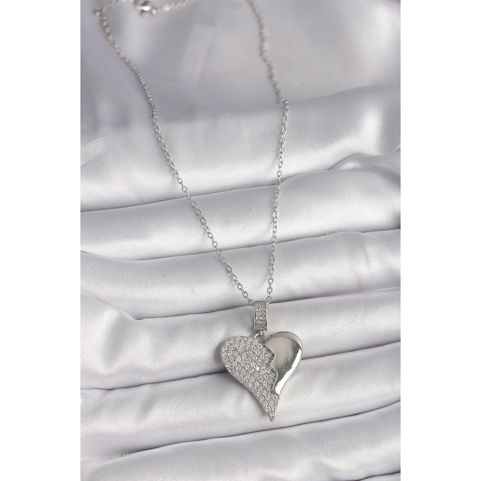 Dodes Dodes 316L Çelik Gümüş Renk Zincir Zirkon Taşlı Kırık Kalp Model Kadın Kolye TG27BKO9756