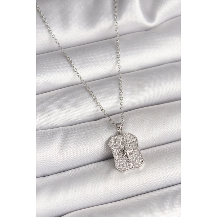 Dodes Dodes 316L Çelik Gümüş Renk Zincir Zirkon Taşlı Kutup Yıldız İşlemeli Madalyon Model Kadın Kolye TG27BKO9943