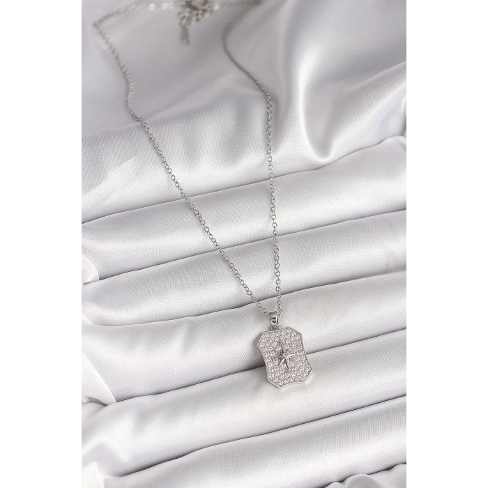 Dodes Dodes 316L Çelik Gümüş Renk Zincir Zirkon Taşlı Kutup Yıldız İşlemeli Madalyon Model Kadın Kolye TG27BKO9943