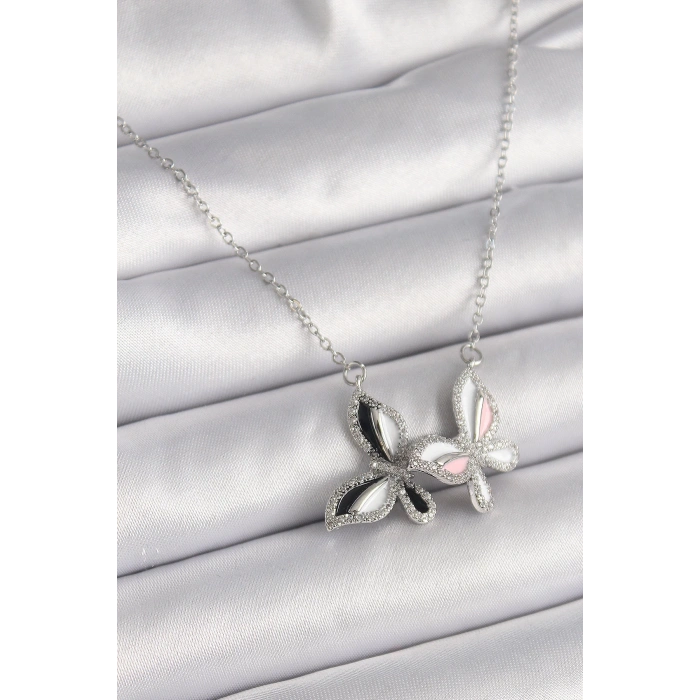 Dodes Dodes 316L Çelik Gümüş Renk Zincir Zirkon Taşlı Renkli Kelebek Model Kadın Kolye TG27BKO9615