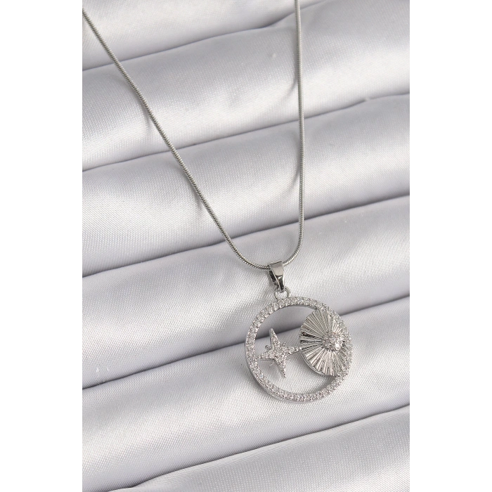 Dodes Dodes 316L Çelik Gümüş Renk Zincir Zirkon Taşlı Yıldız Madalyon Model Kadın Kolye TG27BKO9637