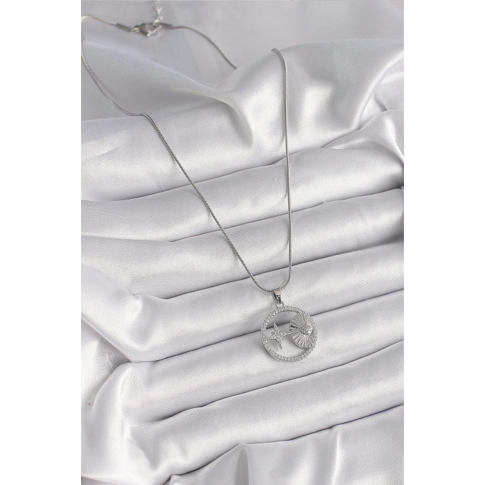 Dodes Dodes 316L Çelik Gümüş Renk Zincir Zirkon Taşlı Yıldız Madalyon Model Kadın Kolye TG27BKO9637