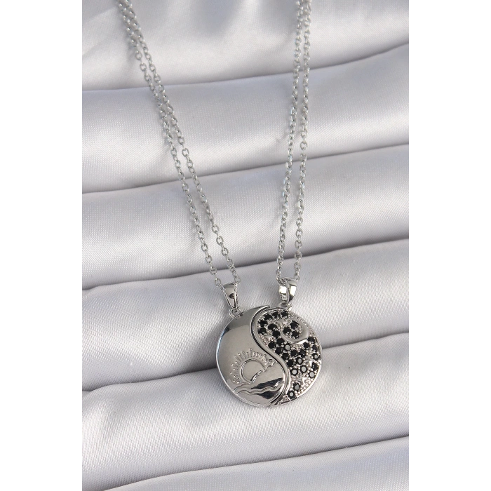 Dodes Dodes 316L Çelik Gümüş Renk Zincir Zirkon Taşlı Ying Yang Model Gün Batımı İşlemeli Arakdaşlık Kadın Kolye TG27BKO10028