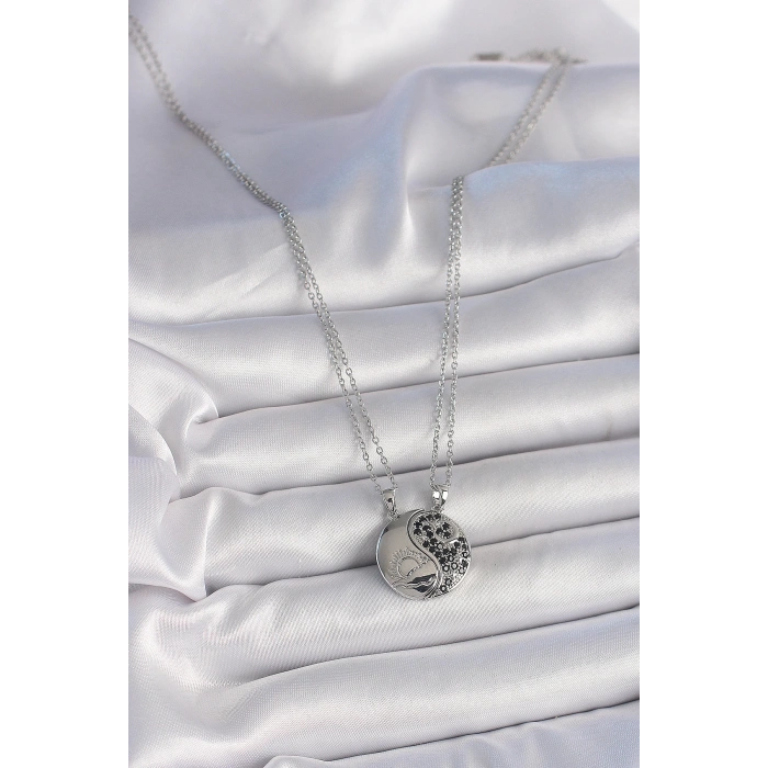 Dodes Dodes 316L Çelik Gümüş Renk Zincir Zirkon Taşlı Ying Yang Model Gün Batımı İşlemeli Arakdaşlık Kadın Kolye TG27BKO10028