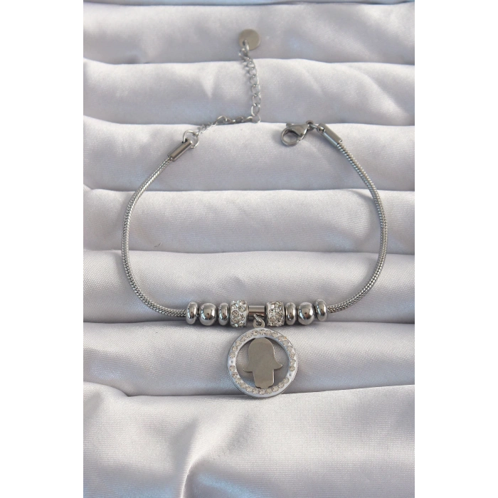 Dodes Dodes 316L Çelik Gümüş Renk Zirkon Taş Aksesuarlı Fatma Ana Eli Bileklik TG27BB6234