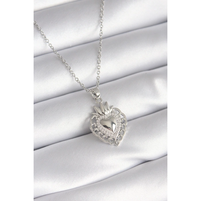 Dodes Dodes 316L Çelik Gümüş Renk Zirkon Taş Detay Taç Kalp Model Kadın Kolye TG27BKO8273