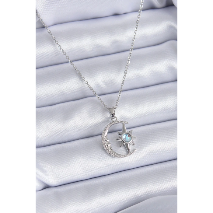 Dodes Dodes 316L Çelik Gümüş Renk Zirkon Taşlı Ay Yıldız Model Kadın Kolye TG27BKO7689
