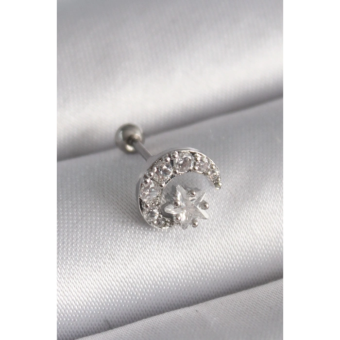 Dodes Dodes 316L Çelik Gümüş Renk Zirkon Taşlı Ay Yıldız Tragus Piercing TG27PR1257