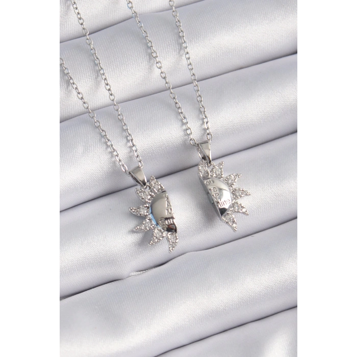 Dodes Dodes 316L Çelik Gümüş Renk Zirkon Taşlı Güneş Model İşleme Yazı Detay Arkadaşlık Kolyesi TG27BKO9289