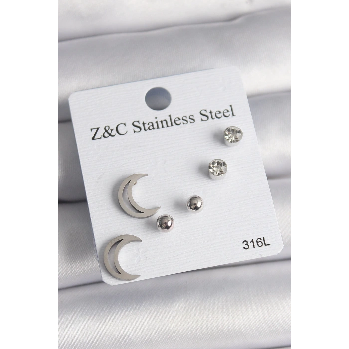 Dodes Dodes 316L Çelik Gümüş Renk Zirkon Taşlı Hilal Model Kadın Küpe Seti TG27BKP10010