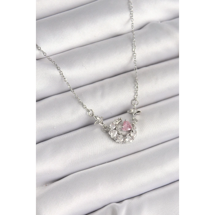 Dodes Dodes 316L Çelik Gümüş Renk Zirkon Taşlı Hilal Pembe Kalp Model Kadın Kolye TG27BKO9930