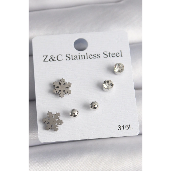 Dodes Dodes 316L Çelik Gümüş Renk Zirkon Taşlı Kar Tanesi Model Kadın Küpe Seti TG27BKP10014