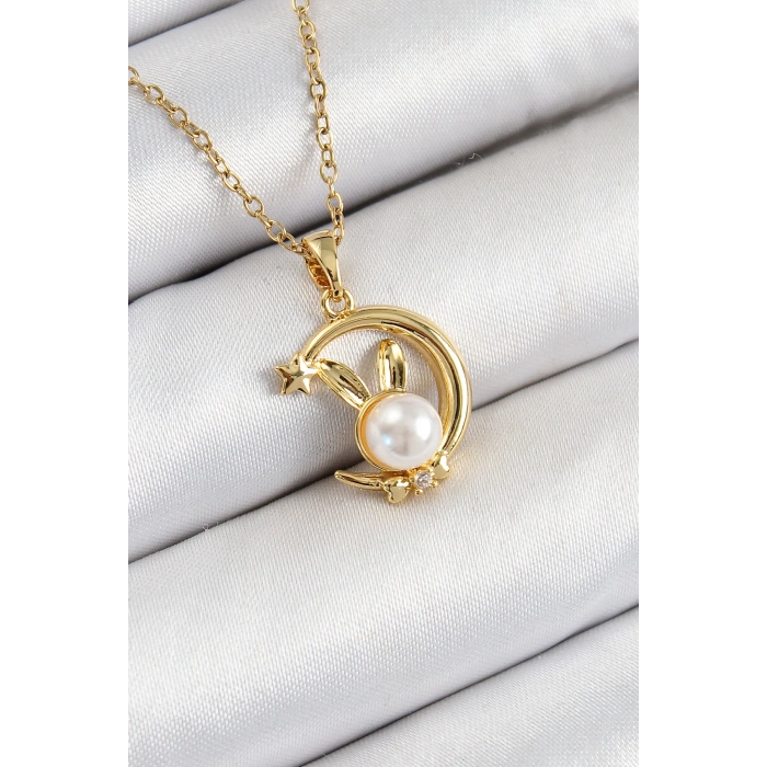 Dodes Dodes 316L Çelik İnci Detaylı Hilal Tavşan Model Gold Renk Kadın Kolye TG27BKO10347