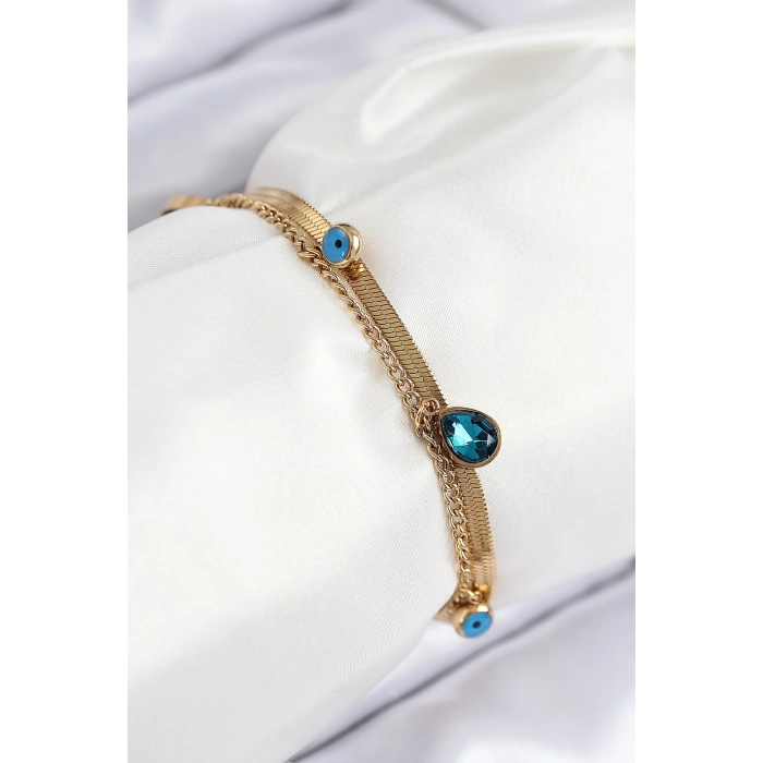 Dodes Dodes 316L Çelik Nazar Boncuk Detaylı Mavi Zirkon Taşlı Model İtalyan Zincir Gold Renk Kadın Bileklik TG27BB7828